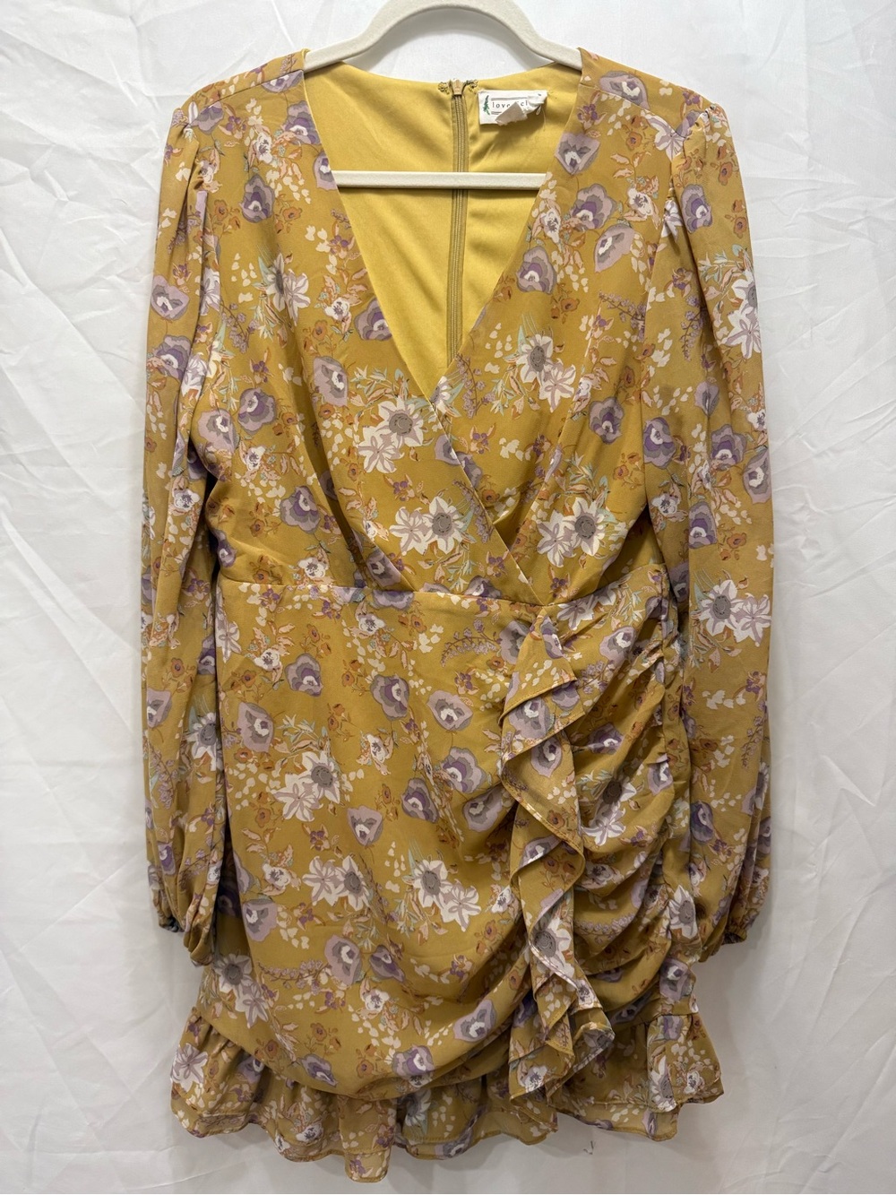 Love Riche Mustard Floral Ruffle Wrap Dress